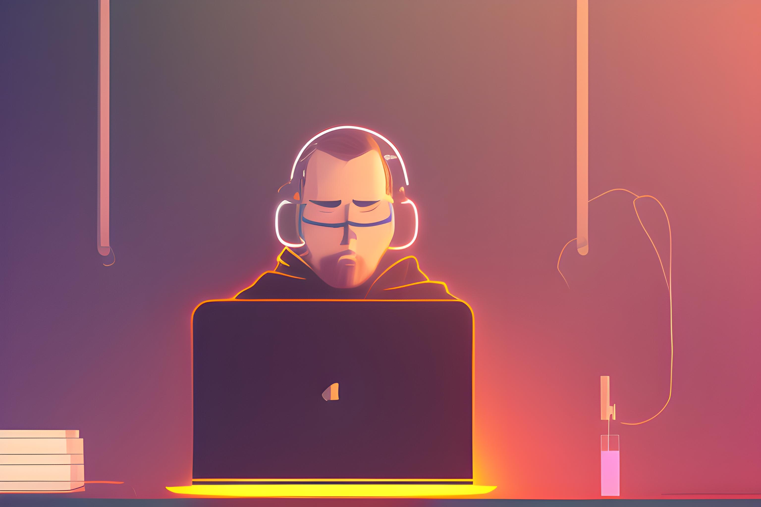 A DARKMODE HQ PHOTO SHOWING A GUY SITTING WITH  LAPTOP AND COVERED WITH HOODIE IN A YSTEM OPERATING…